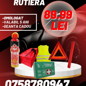 Kit Siguranta Rutiera Omologat Valabil 5 Ani – Trusa, 1x Triunghi, Stingator spray, Vesta, Geanta