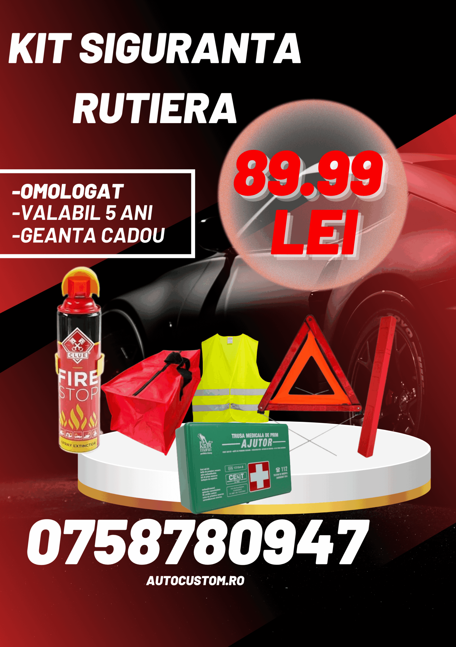 Kit Siguranta Rutiera Omologat Valabil 5 Ani – Trusa, 1x Triunghi, Stingator spray, Vesta, Geanta